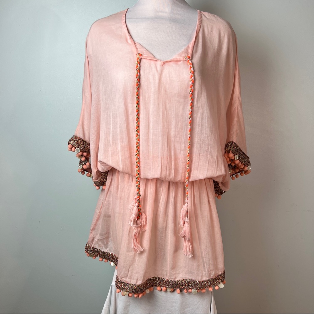 Shiraleah Pink Flutter Sleeve Pom Trim Swim Coverup One Size Boho Beach - Picture 3 of 16